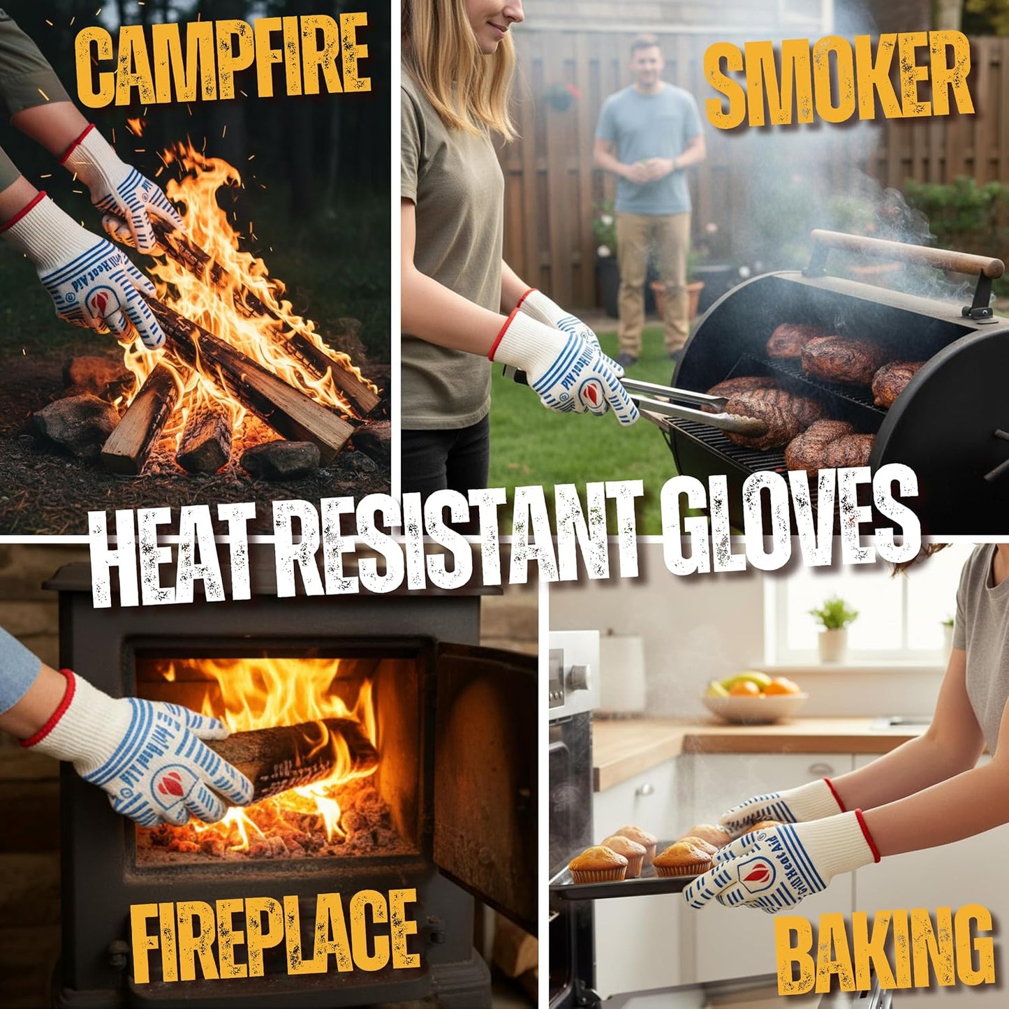 GRILL HEAT AID BBQ Grill Gloves 1472°F - Extreme Heat Resistant Oven Mitts for Grilling, Smoker & Fire Pit with Silicone Grip & EN407 Cut Resistance - Short Cuff, White & Blue