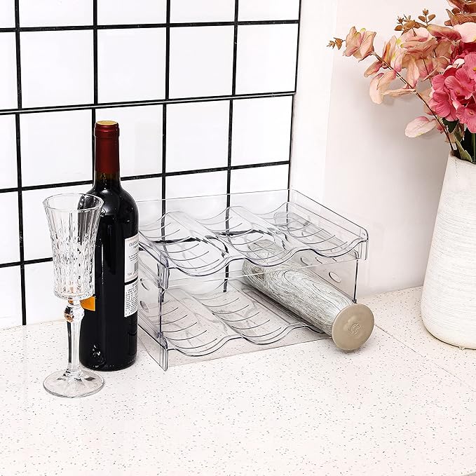 IEEK Plastic Stackable Bottle Storage Holder Rack,Free-Standing Water Bottle/Wine and Drink Organizer Shelf for Kitchen Cabinet,Fridge,Countertop,Pantry,Freezer,2 PackX3 Bottles,Clear