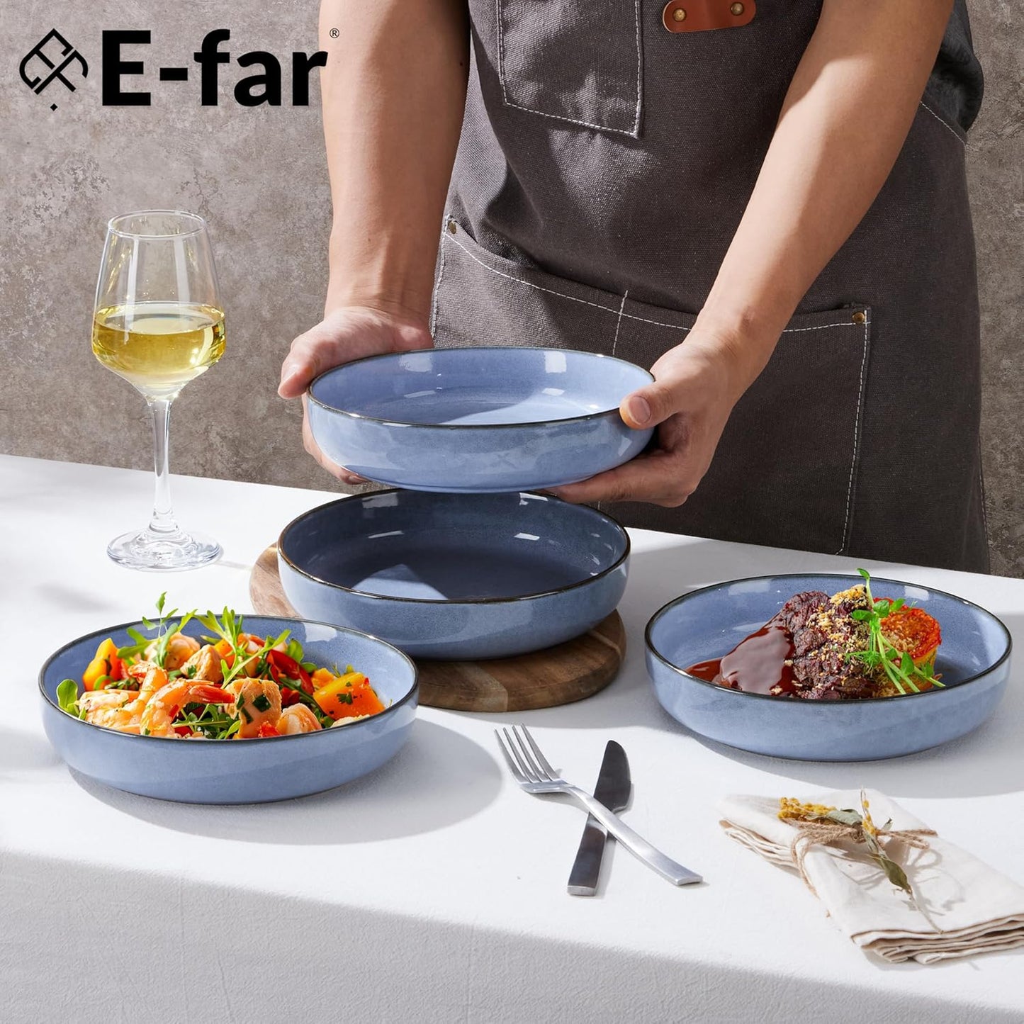 E-far Pasta Bowls Set of 4, 35oz Large Salad Bowls for Serving, Wide and Shallow Ceramic Plates for Kitchen, Double Reactive Glaze, Microwave and Dishwasher Safe, Ocean Blue