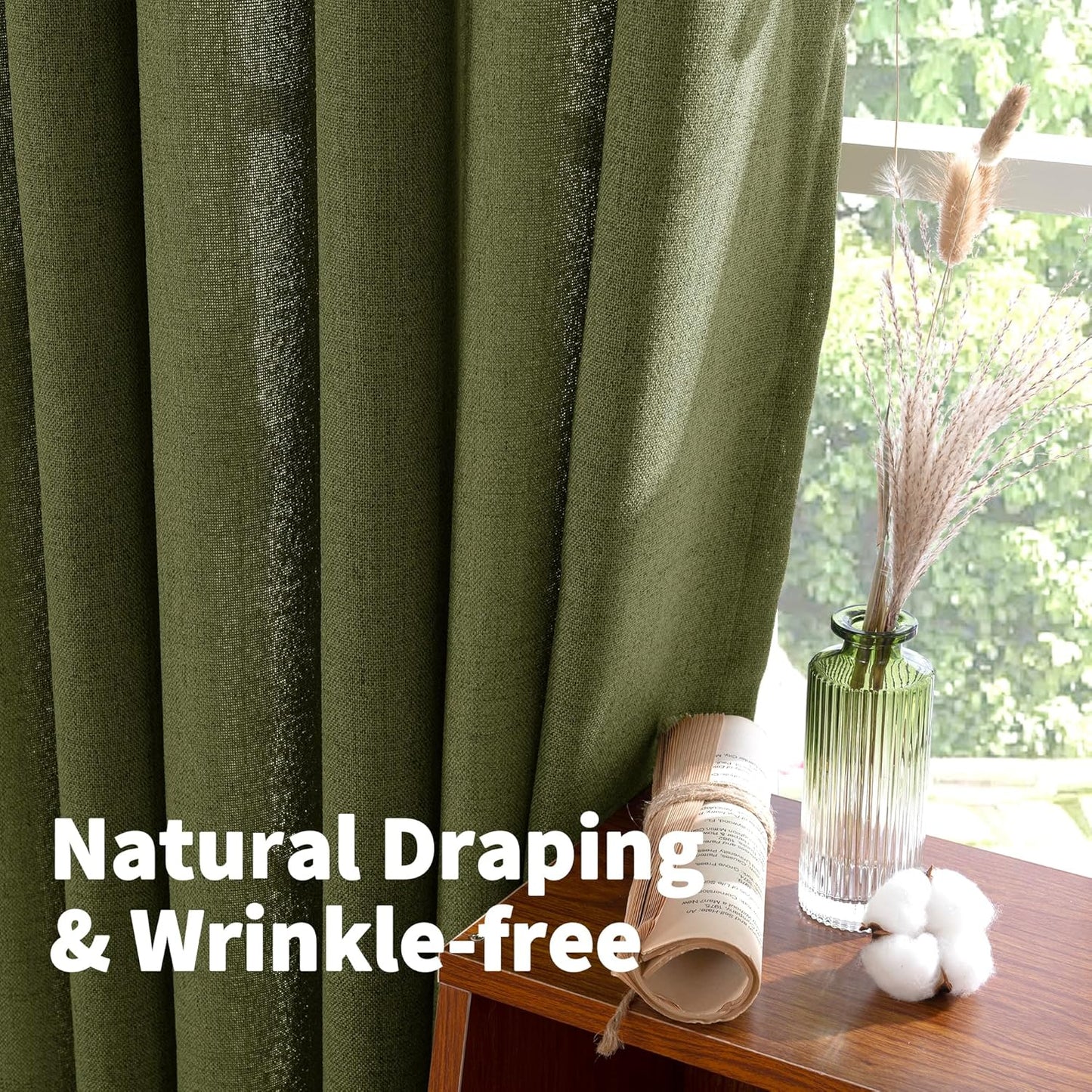 YoungsTex Olive Linen Curtains 72 Inch Length 2 Panels for Living Room, Dark Green Semi Sheer Drapes with Bronze Grommet Window Treatments Light Filtering for Bedroom Dining, 52 X 72 Inch