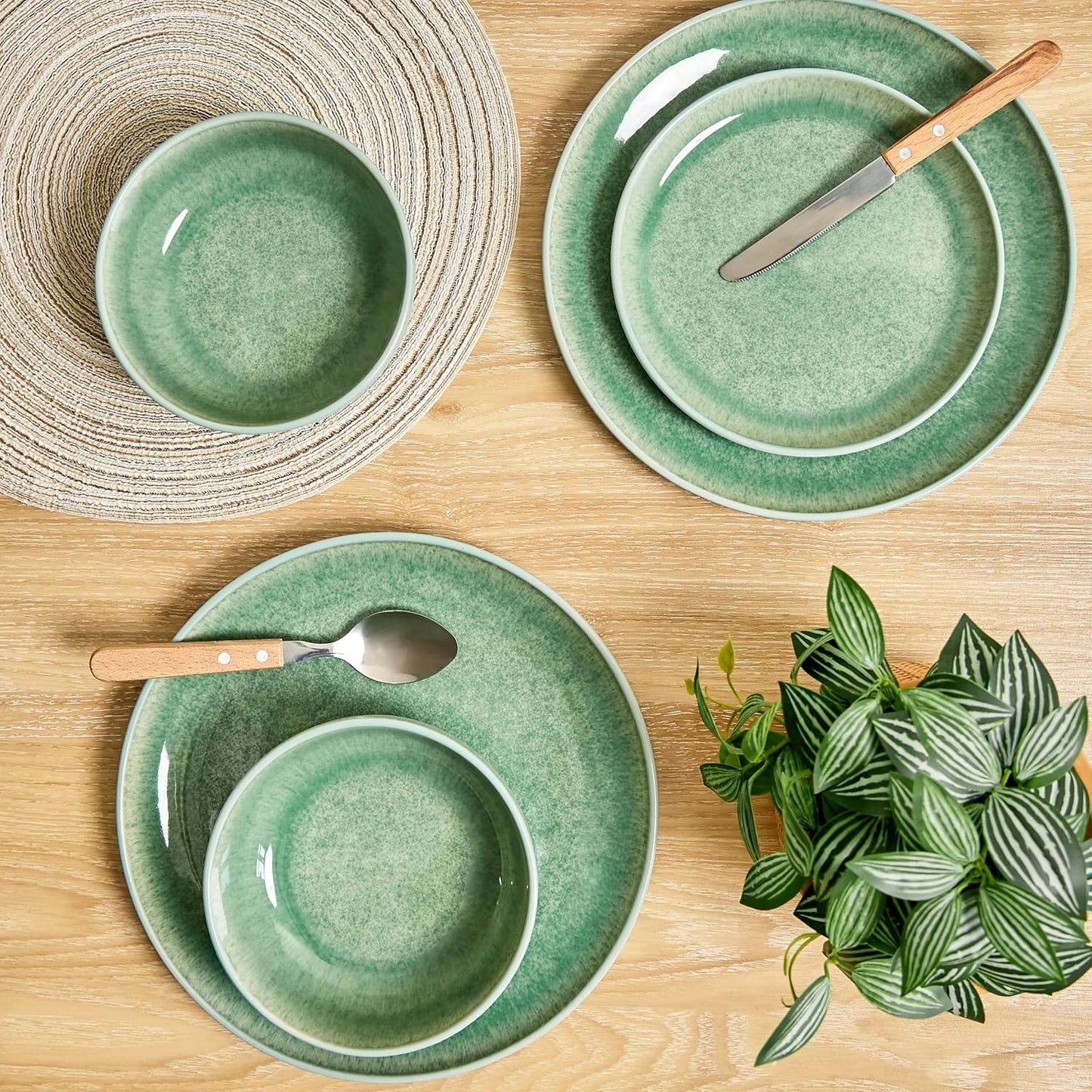 Sango 12-Piece Stoneware Dinnerware Set for 4, Green Ceramic Plates and Bowls Sets, Modern Dish Set with Reactive Glaze, Durable Kitchen Dishes for Casual Dining, Microwave & Dishwasher Safe, Asher