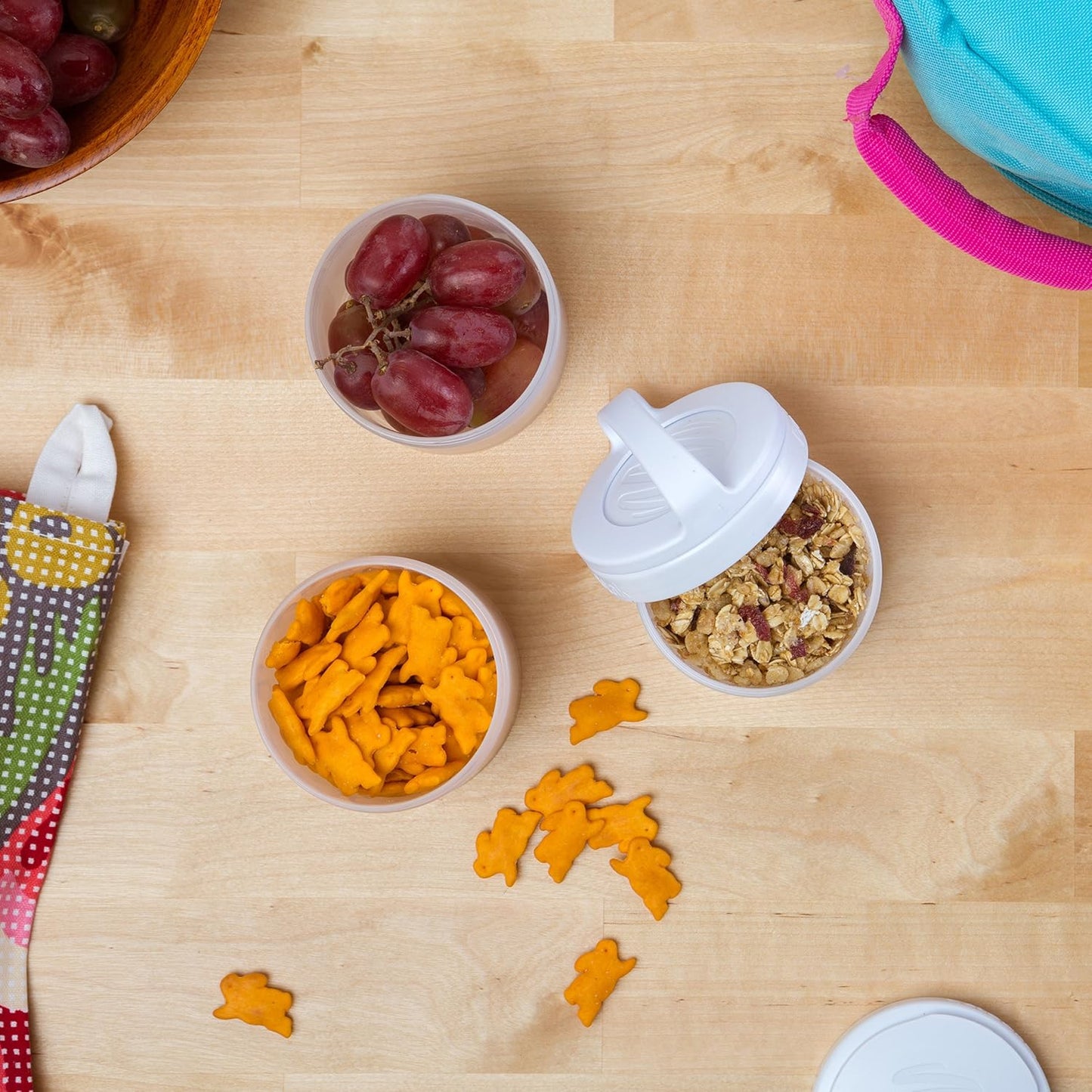 Whiskware Stackable Snack Containers for Kids and Toddlers, 3 Stackable Snack Cups for School and Travel, White and Mint