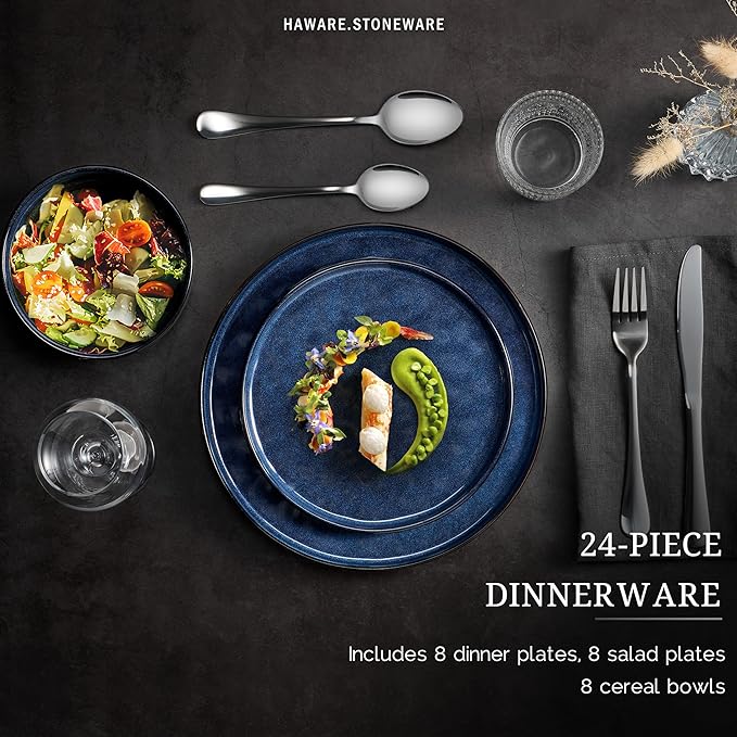 HaWare Dinnerware Sets, 24-Piece Plates and Bowls Set, Stoneware Dish Set for 8, Ceramic Dinnerware for Home Restaurant, Chip and Scratch Resistant, Microwave and Dishwasher Safe, Reactive Starry Blue