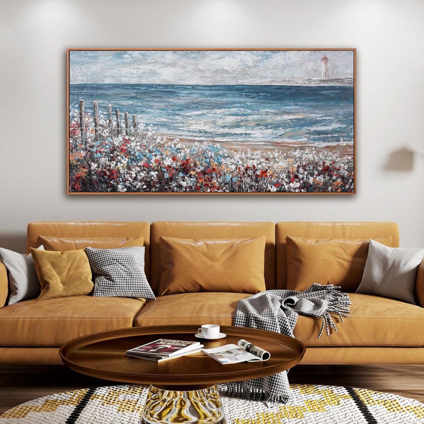 Wall Art Decor Wall Canvas Painting Blue Sea Colorful flowers Landscape Decor Framed For Living Room Bedroom Dining Room Home Office Modern Artwork Home Decoration 24" x 48"