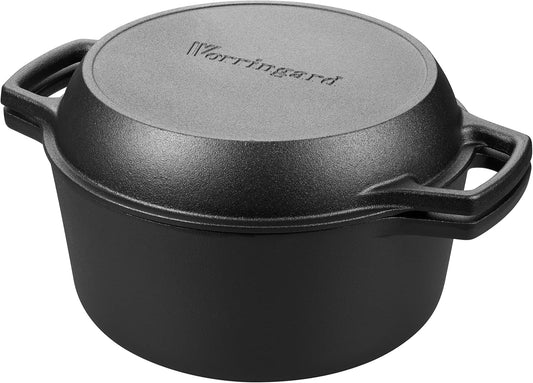 Pre-seasoned Cast Iron Double Dutch Oven Pot with Skillet Lid, Dual-handle, for Bread Baking, Outdoor, Campfire Cooking, 5 Quart