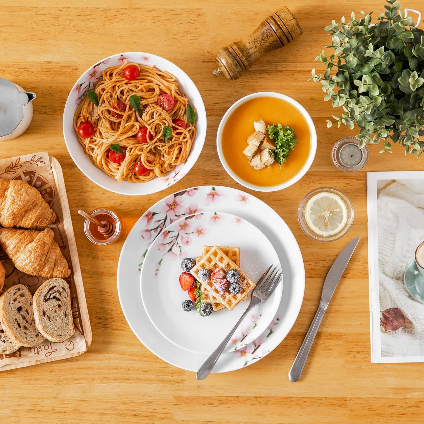 VEWEET Dinnerware Sets for 6, 24 Pieces Porcelain Plates and Bowls Set with Pink Floral, Classic Dishes Set Dining Ware for Dinner, Microwave Dishwasher Safe, Series ANNIE