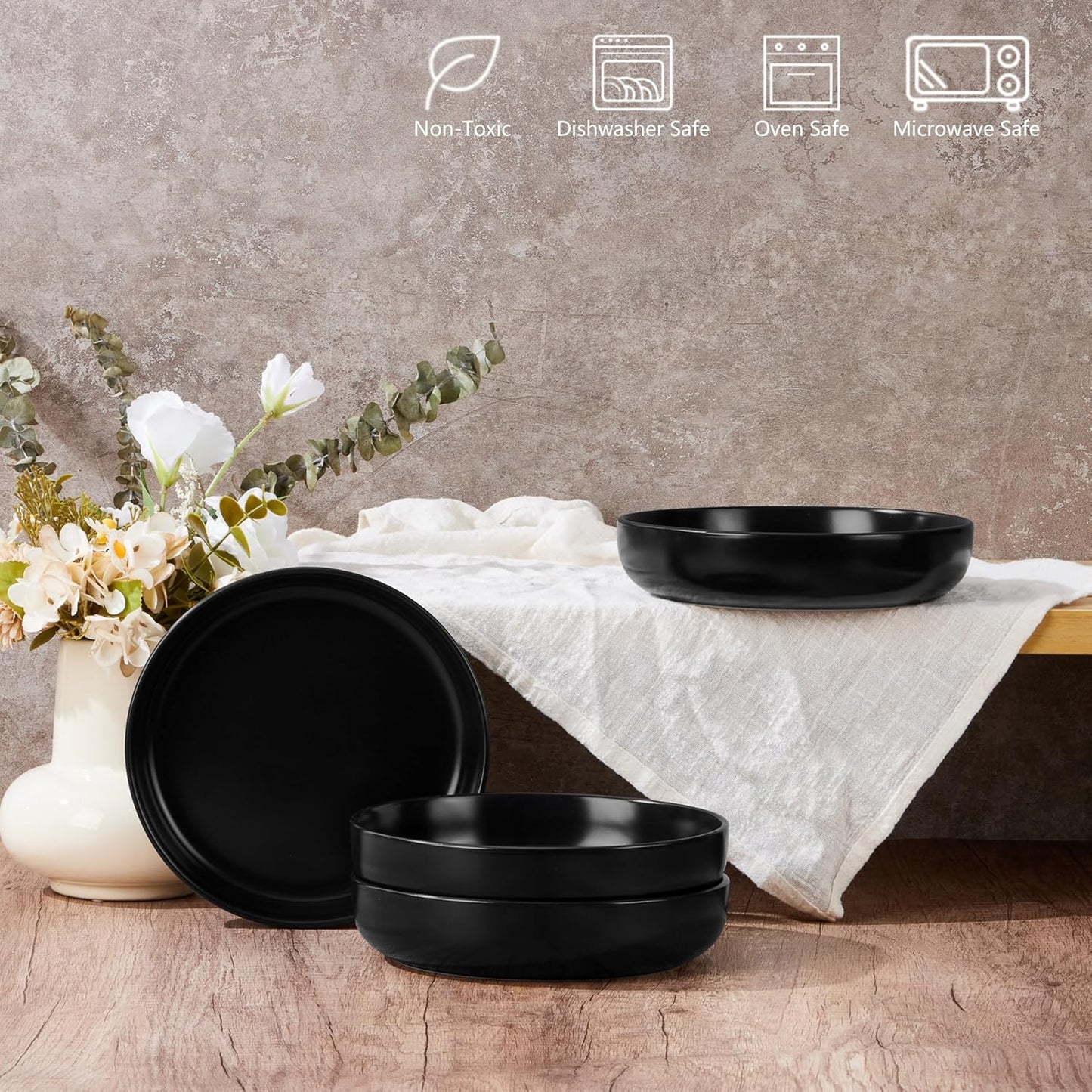E-far Pasta Bowls Set of 4-35oz Ceramic Large Serving Salad Bowls, Wide & Shallow Stoneware Pasta Plates for Salad, Soup, Dinner| Dishwasher & Microwave Safe | Matte Black