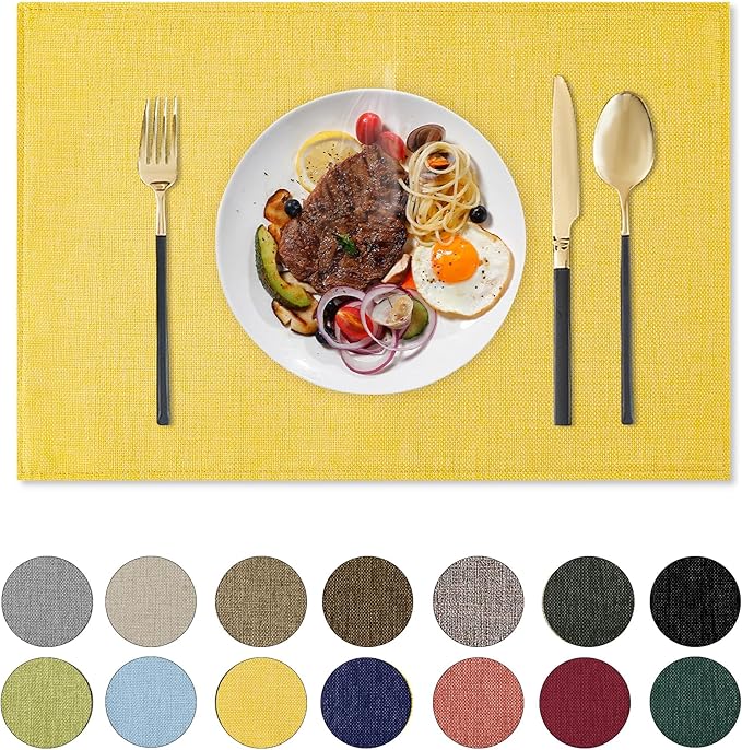 Romanstile Cloth Placemats Set of 8-12 x 18 Inch, Heat Resistant Double Layered Thickened Burlap Place Mats, Washable Faux Linen Farmhouse Table Mats for Kitchen/Dining/Party/Outdoor, Yellow