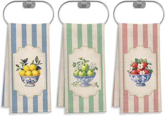 Chinoiserie Floral Fruit Kitchen Towels Set of 3, Retro Striped Lemon Apple Strawberry Dish Tea Towels for Kitchen Decor, Fruit Lover Gifts Decorative Hand Towel, 16x24 Inch