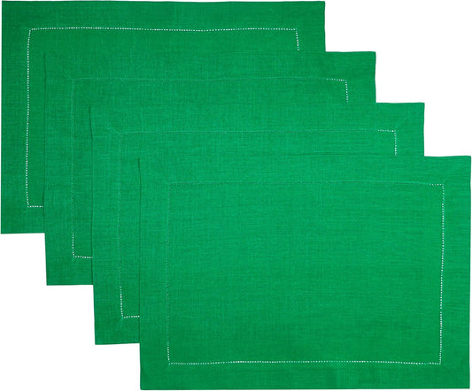 D'Moksha Homes Linen Placemats Set of 4 - Classic Hemstitch Kelly Green Placemats 14 x 19 Inch - 100% Pure Linen Table Mats for Fall, Autumn and Halloween - Handcrafted and Machine Washable