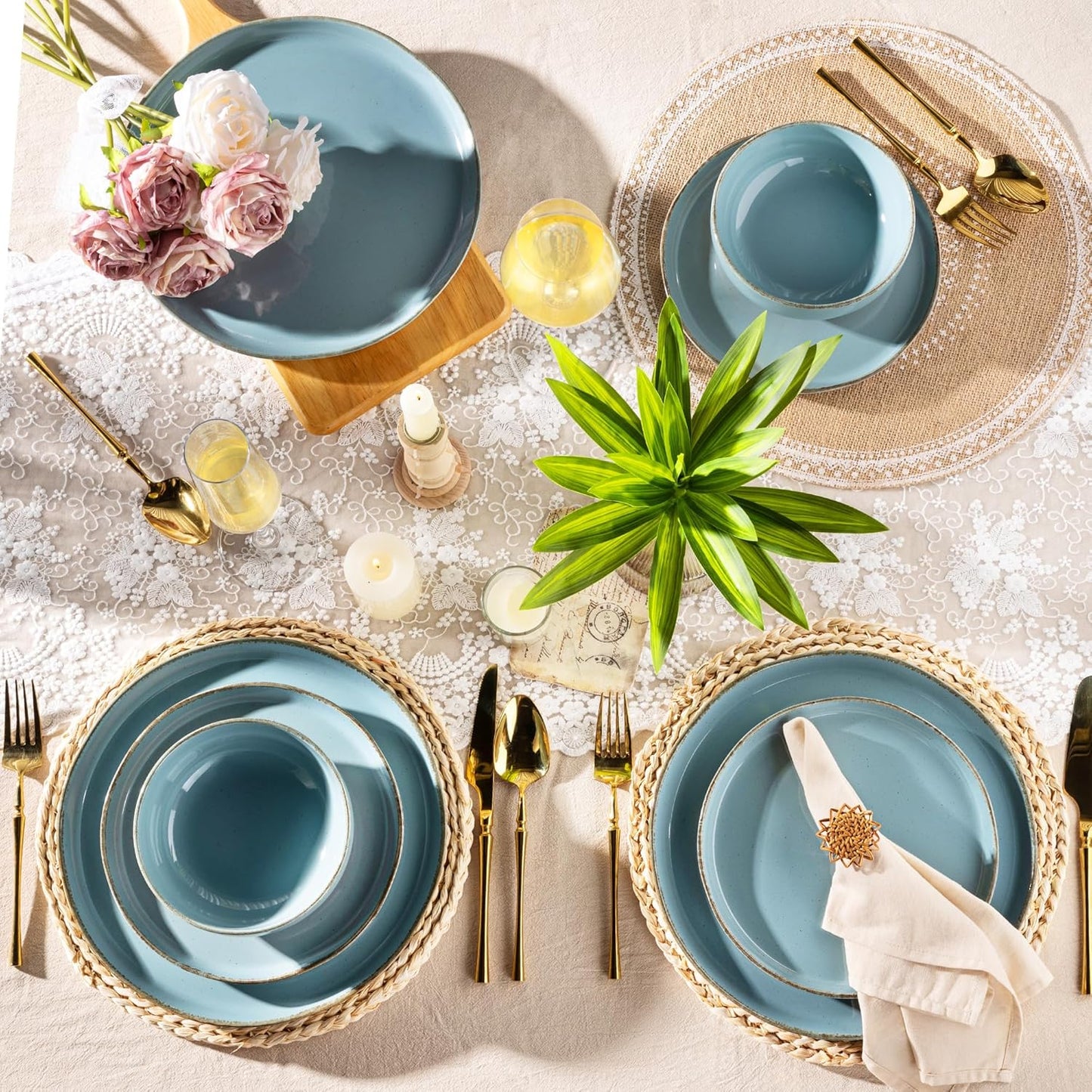 AmorArc Ceramic Dinnerware Sets for 4, 12 Pieces Handpainted Plates and Bowls Set with Rustic Terracotta Underside, Scratch Resistant Stoneware Dishes Set, Dishwasher & Microwave Safe