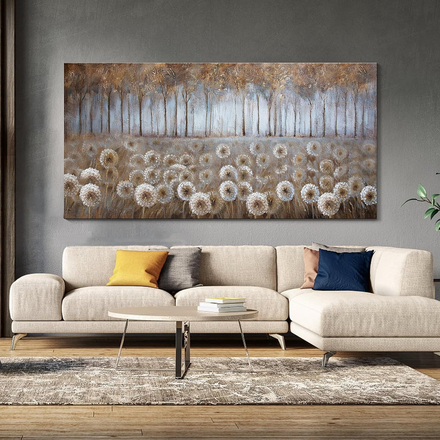 Large Living Room Wall Decor Brown Dandelion Canvas Wall Art Abstract Tree Forest Theme Picture Wall Decoration Modern Framed Prints Artwork Ready to Hang for Bedroom Home Wall Decor Size 29x58 inch