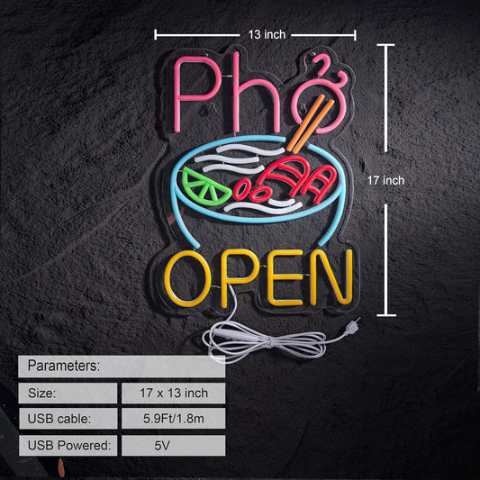 Vietnamese Pho Open Neon Sign Dimmable USB Powered LED Ramen Bowl Open Signs for Restaurant Business Food Truck Kitchen Wall Decor Light