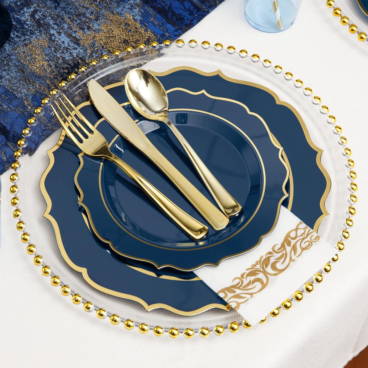 200 PCS Premium Blue Plastic Plates for 25 Guests, Heavy Duty Blue and Gold Disposable Plate, include 25 Plastic Dinner/Dessert Plates, 25 Silverware Set, 25 Cups, Straws for Party Graduation