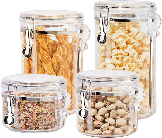 Oggi 4pc Clear Canister Set with Clamp Lids & Spoons - Airtight Food Storage Containers, Ideal for Kitchen & Pantry Storage of Bulk, Dry Food Including Flour, Sugar, Coffee, Rice, Tea, Spices & Herbs