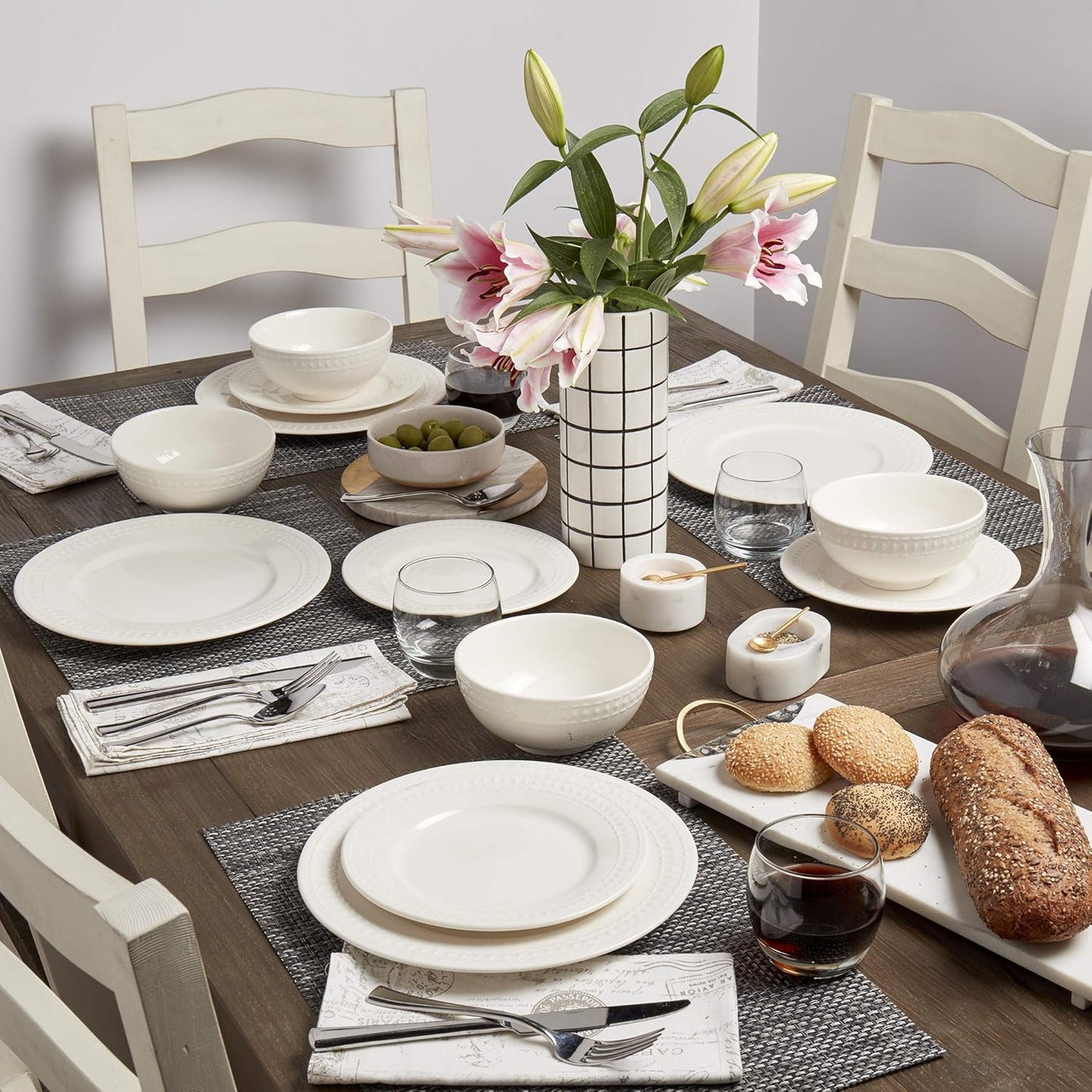 Tabletops Gallery Embossed White Porcelain Round Dinnerware - Bloom 12 Piece Dinnerware Set