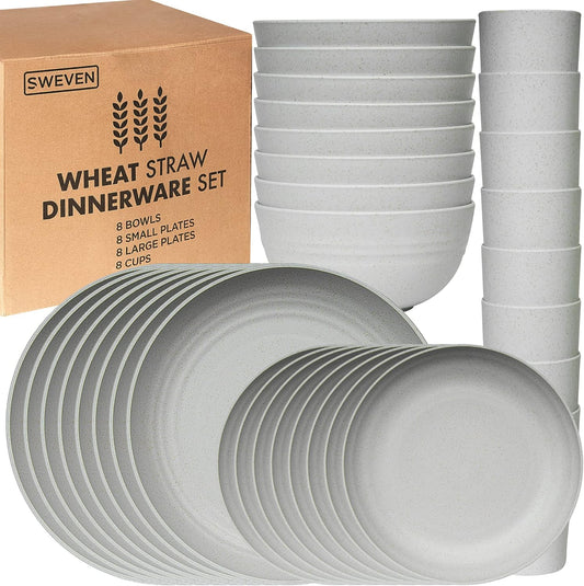 Wheat Straw Dinnerware Sets | Unbreakable Dinnerware Sets | Dishwasher Microwave Safe Dinnerware | Eco Friendly Non Breakable Dinnerware Sets | RV Outdoor Camping (Grey, Service for 8 (32 pcs))