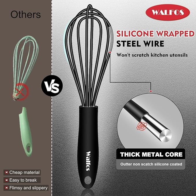 Walfos Silicone Whisk,7+9in Mini Whisk,BPA Free,Small Whisks for Non-Scratch,Heat Resistant (450°F) Nice for stirring individual eggs and mixing small amounts of powder and sauce.Dishwasher Safe.Black