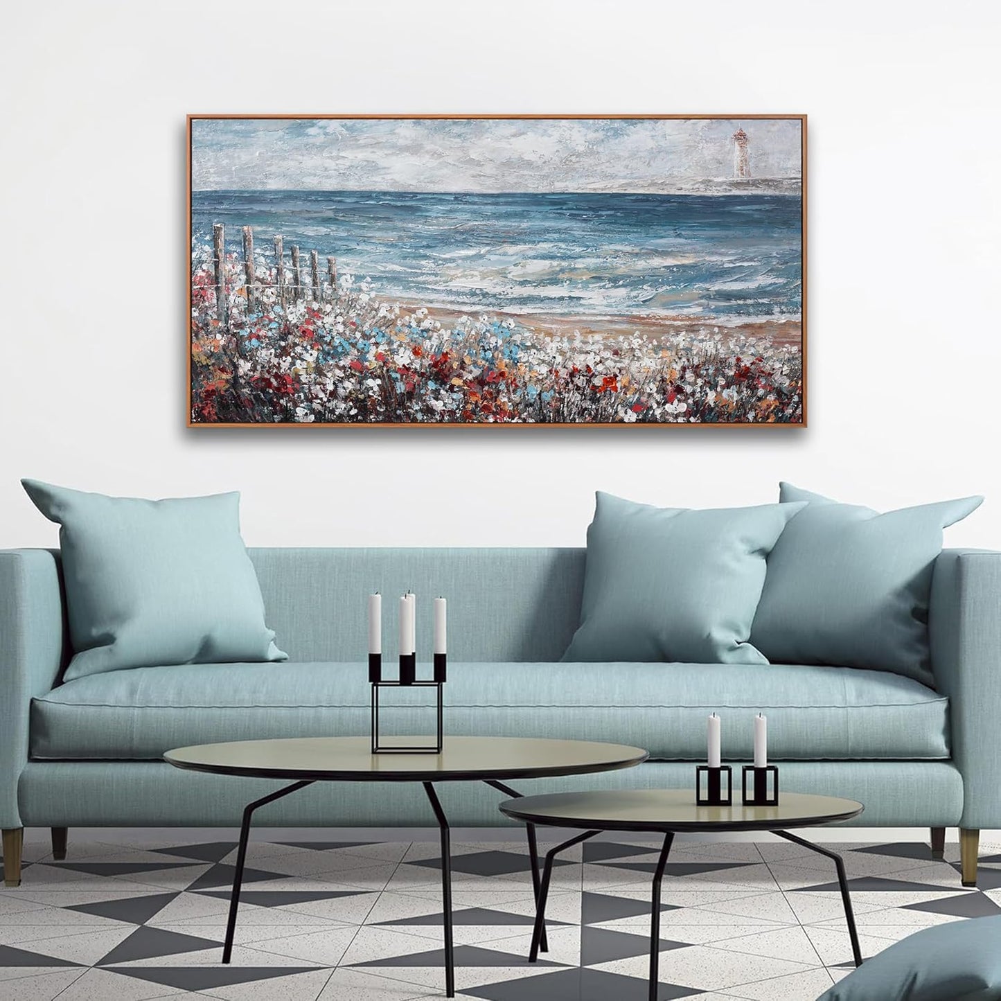 Wall Art Decor Canvas Print Painting Blue Sea Colorful flowers Landscape Picture Artwork Framed Wall Decor For Living Room Bedroom Living Room And Apartment 20 x 40 Inch