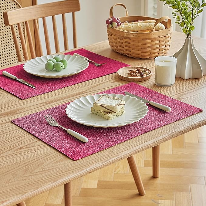 Softalker Faux Linen Placemats Set of 6-12 x 18 Inch, Heat Resistant Double Layered Durable Burlap Farmhouse Place Mats, Non-Slip Washable Rustic Table Mats for Dining, Kitchen, Party（Pink