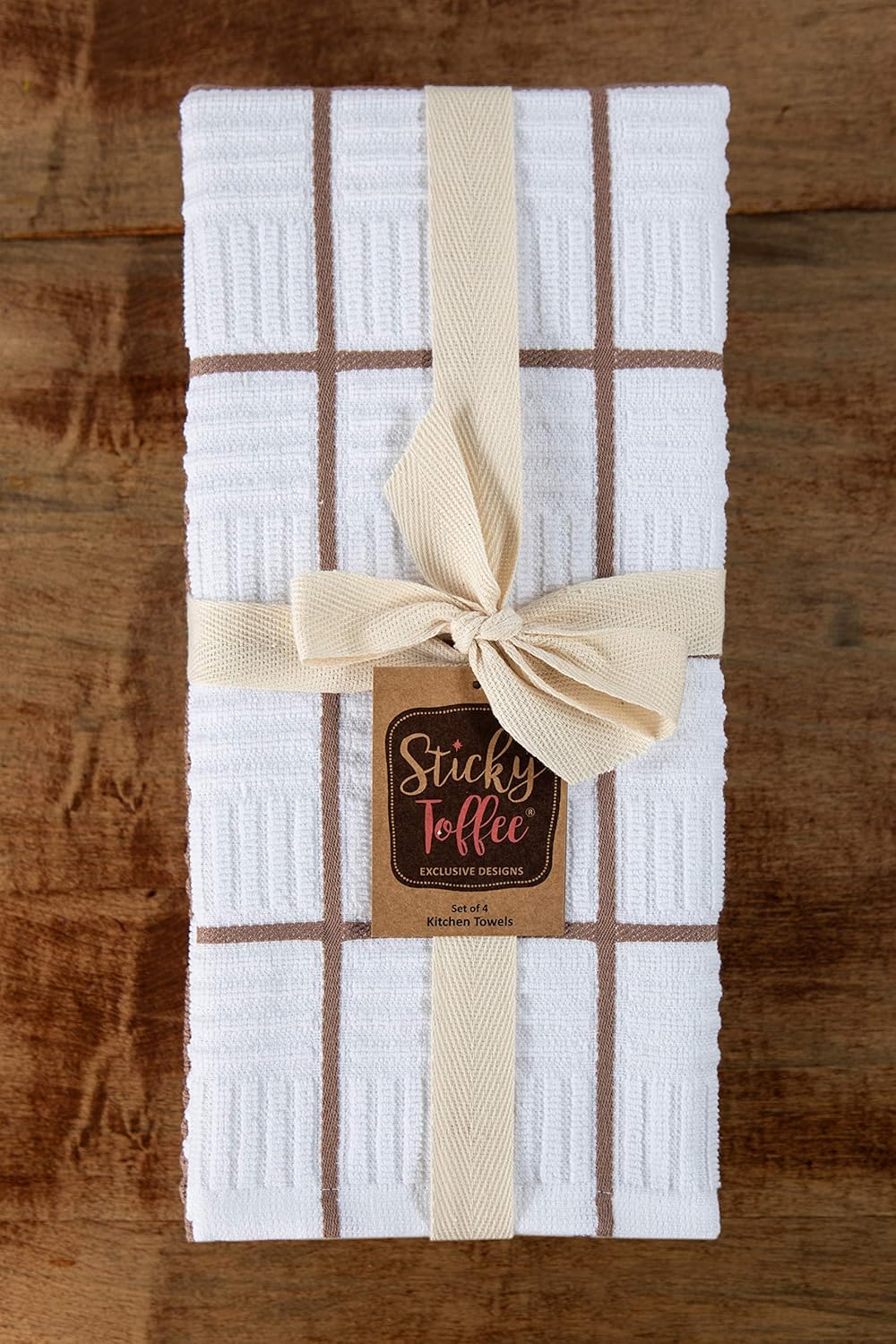 Sticky Toffee Cotton Kitchen Towels Set of 4, Brown and White, 28 x 16 in, Absorbent Reusable Hand and Dish Towels, Tea Towels, Oeko-Tex Cotton
