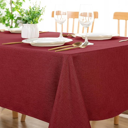 DWCN Table Cloth Rectangle - Faux Linen Fabric Waterproof Spill-Proof Wrinkle and Stain Resistant Tablecloths Decorative Farmhouse Table Cover for Kitchen Dining Party, 54 x 80 Inch, Red