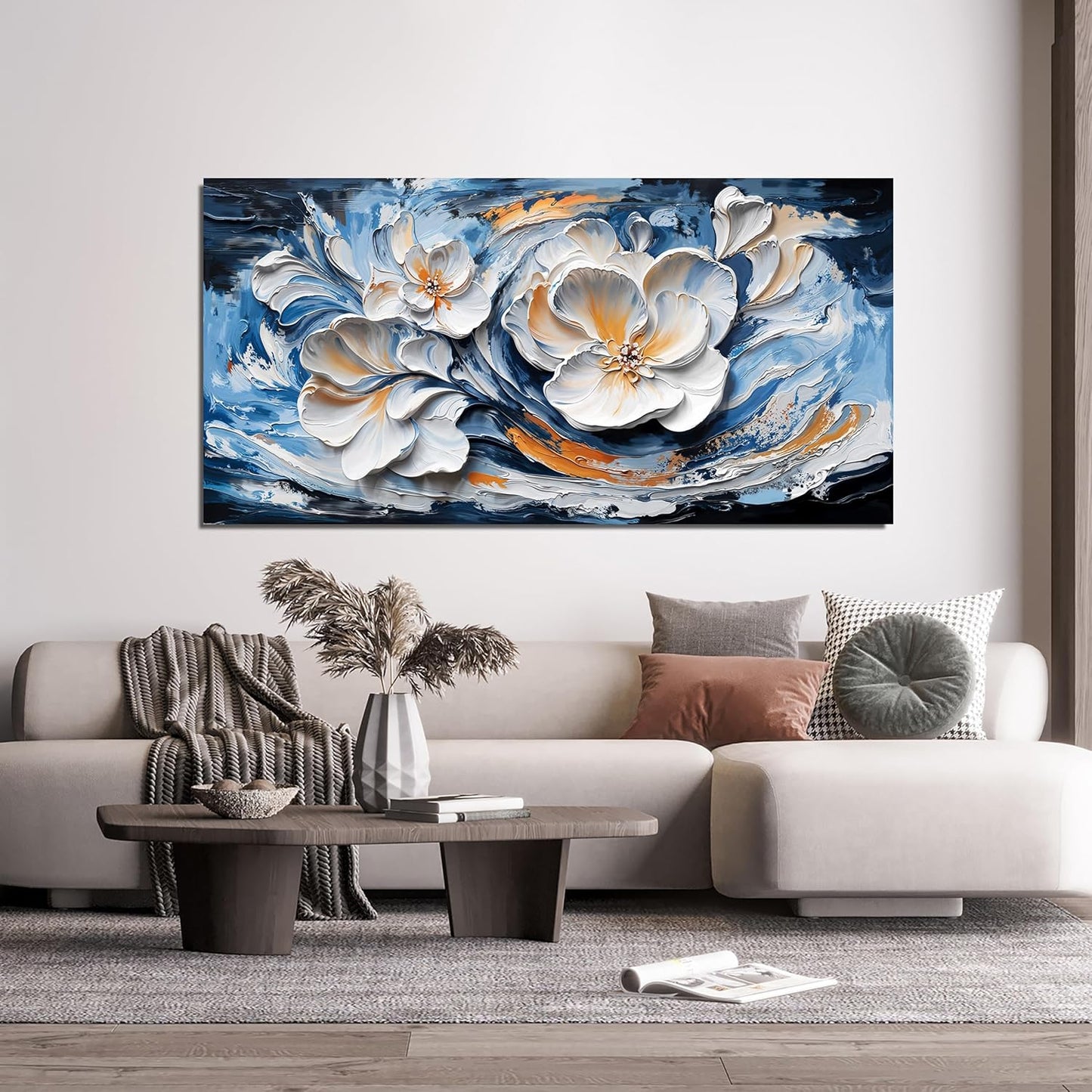 Large Canvas Wall Art Decor Wall Art Pictures for Living Room Abstract Canvas Art Wall Decor Blue White Wall Art Prints Modern Flower Wall Art Decorations Bederoom Office Home Decor 24" X 48"