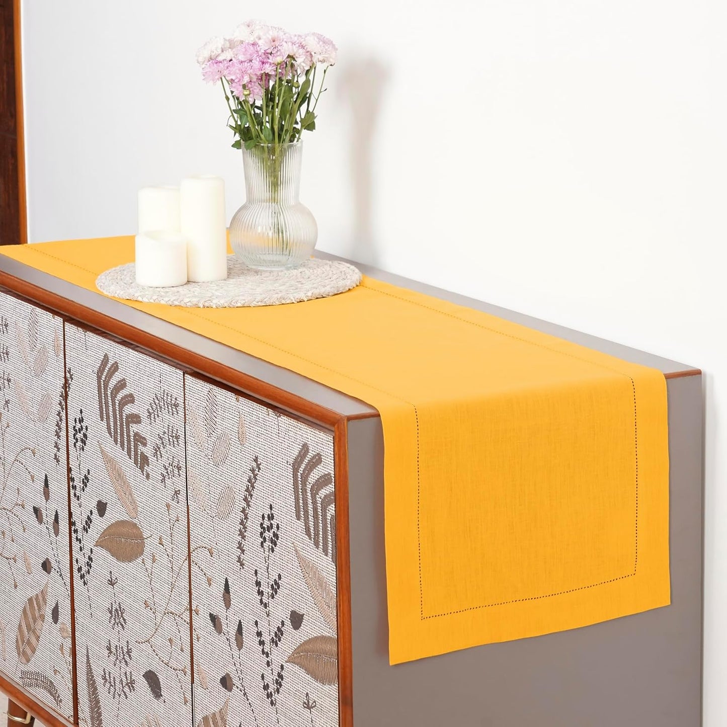 D'Moksha Homes Linen Sunflower Yellow Table Runner 120 Inches Long - 100% Pure Linen Hemstitch 14 x 120 Inch Table Runner for Dining, Fall, Autumn and Halloween - Classic Hemstitch