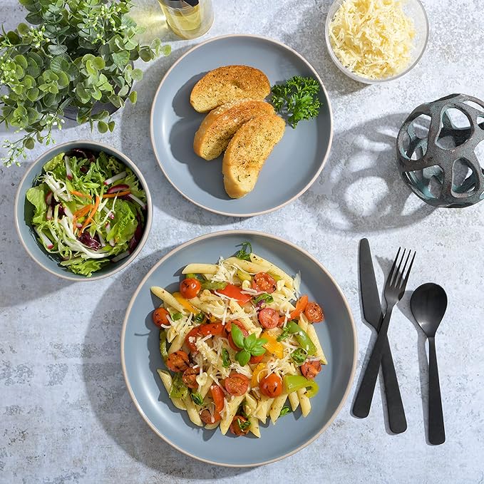 Gibson Home Rockaway 12-Piece Round Stoneware Dinnerware Set, Service for 4 – Blue Plates and Bowls, Microwave & Dishwasher Safe