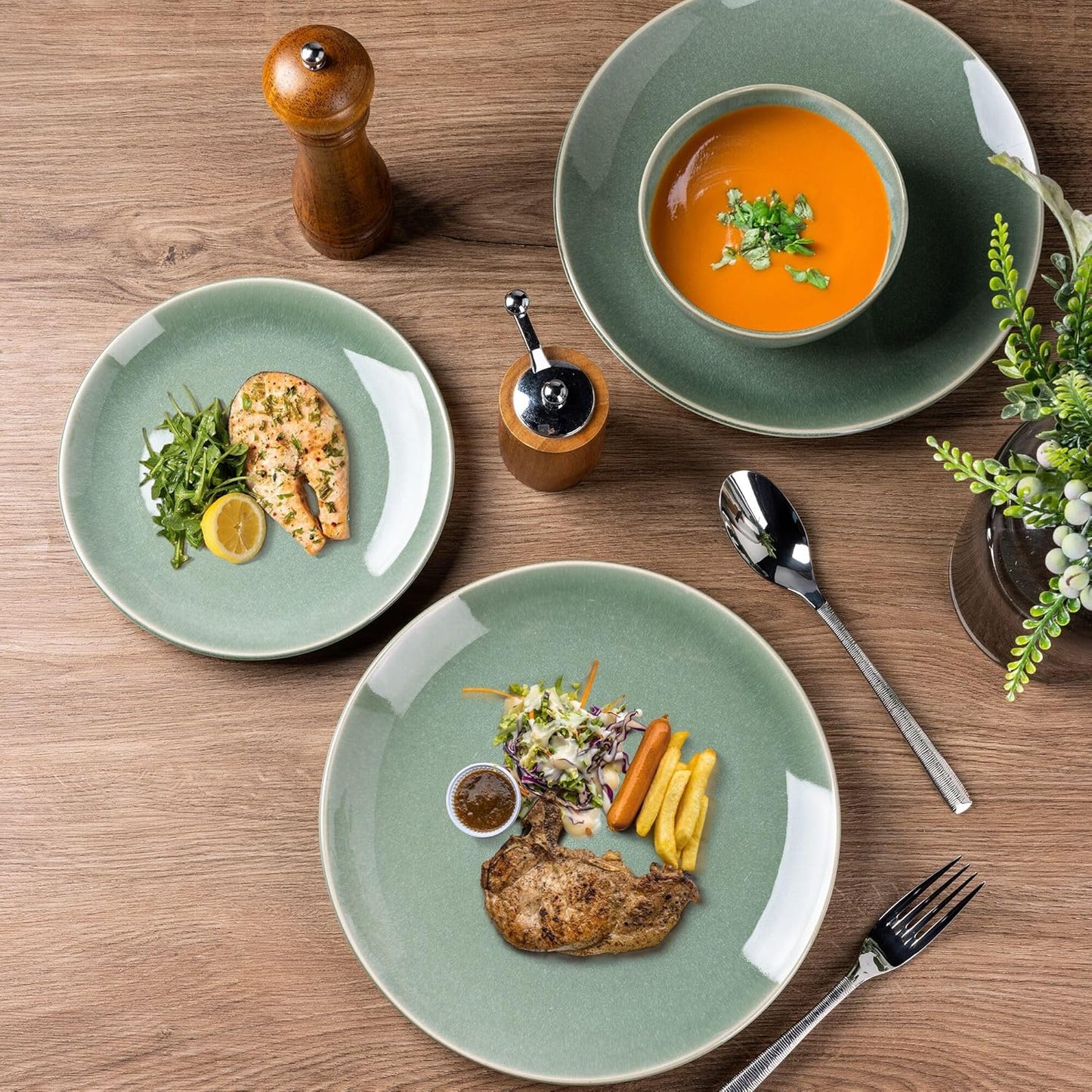 GBHOME Ceramic Dinnerware Sets for 4, 12 Pieces Stoneware Plates and Bowls Sets, Reactive Glaze Dishes -Scratch Resistant, Dishwasher&Microwave Safe-Malachite Green