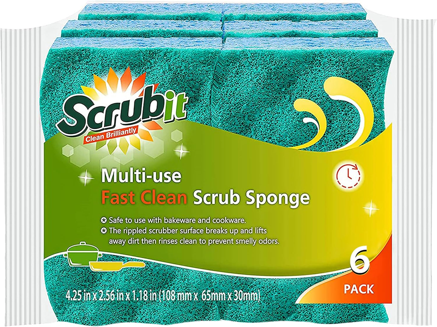 SCRUBIT Multi-Use Scrub Sponge – Non-Scratch Kitchen Sponges for Dishes, Pots & Pans - Heavy Duty & Odor-Free Rippled Scrubbing Pad, Designed for Tough Cleaning Jobs, 6 Count