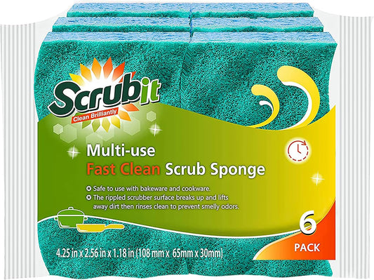 SCRUBIT Multi-Use Scrub Sponge – Non-Scratch Kitchen Sponges for Dishes, Pots & Pans - Heavy Duty & Odor-Free Rippled Scrubbing Pad, Designed for Tough Cleaning Jobs, 6 Count