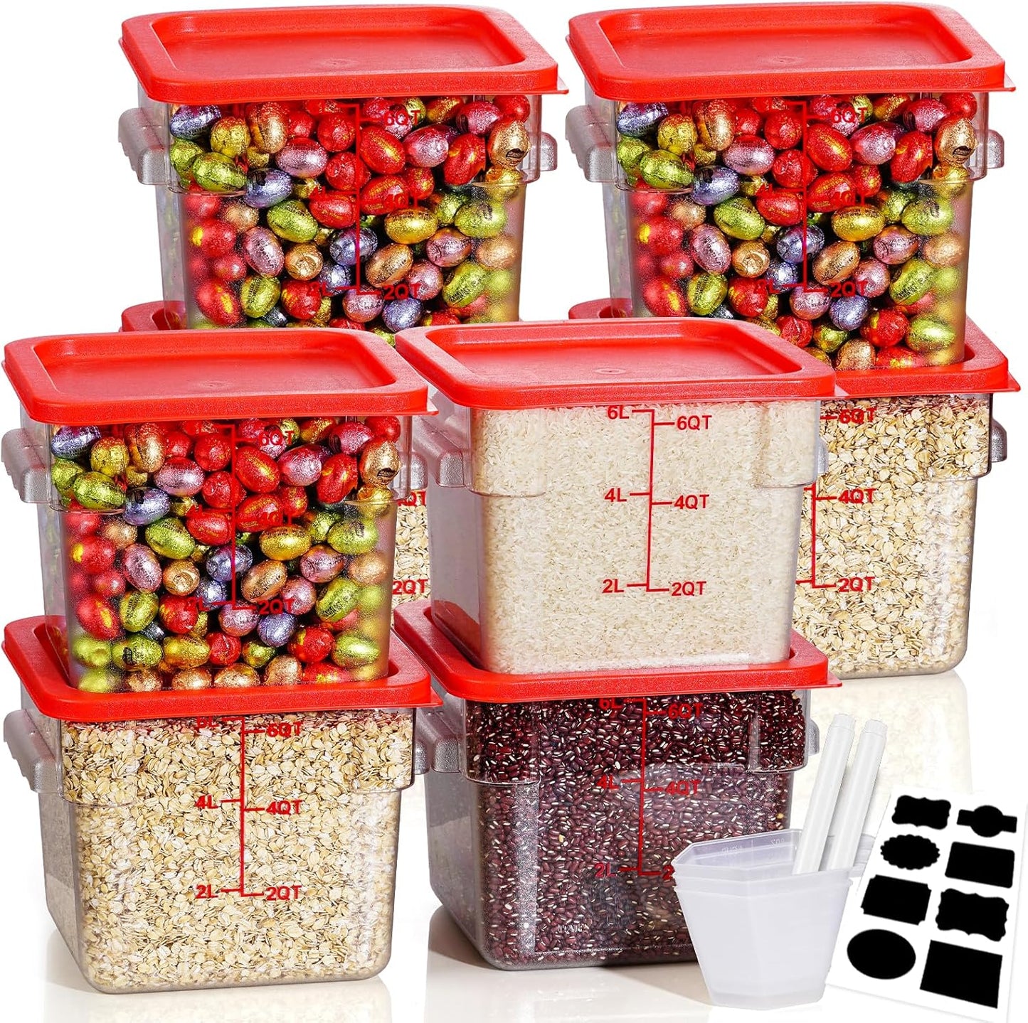 6QT NSF Food Storage Containers: 8 PCS [Food Grade][Hot&Cold Resistant] Commercial Clear Square Food Storage Containers with Scales Handles for Home Restaurant Kitchen Proof Dough (Green)