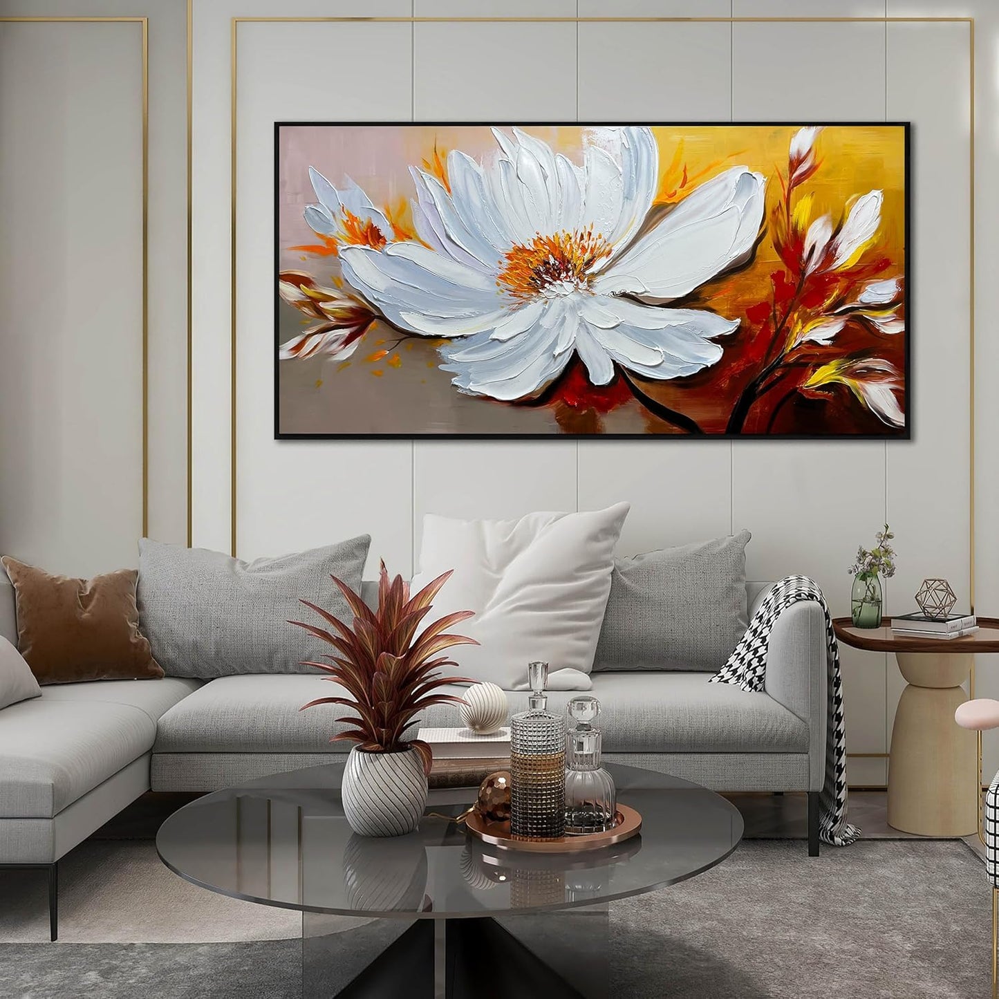 Hand Painted Flower Painting Wall Art for Bedroom - Abstract Painting Wall Art for Living Room - Big Picture Frames for Wall Size 29" x 59"