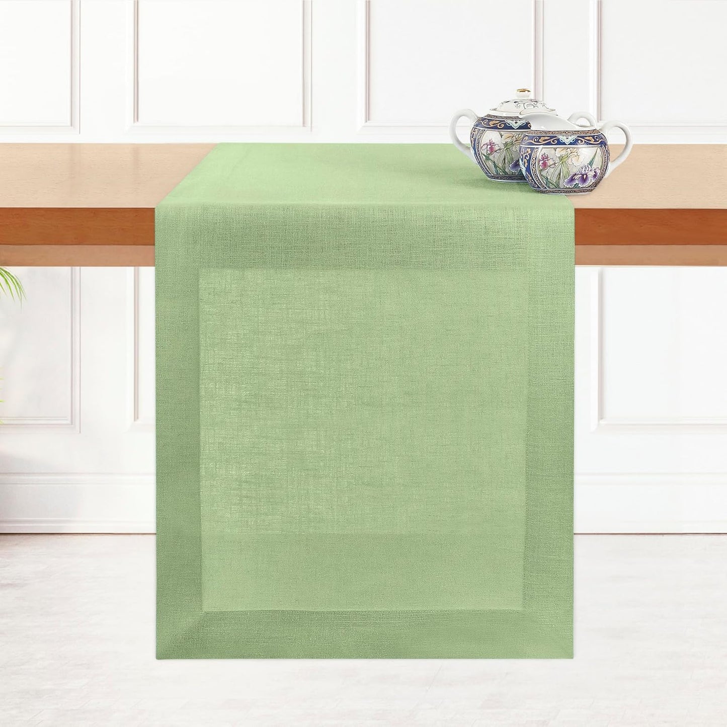 D'Moksha Homes Linen Sage Green Table Runner 132 Inches Long - 100% Pure Linen Extra Long Table Runner 14 x 132 Inch for Fall, Autumn and Halloween - Machine Washable
