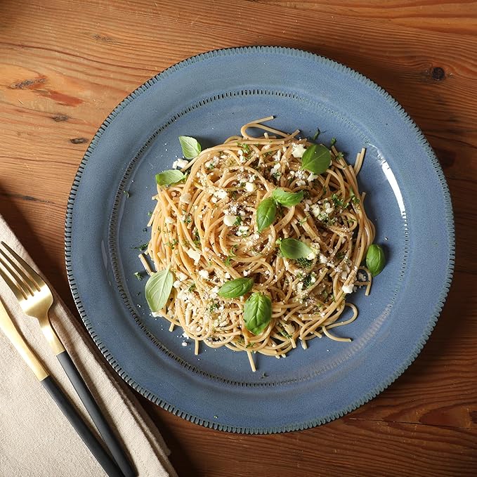 Gibson Elite Terranea 12 Piece Dishes Reactive Glaze Plates and Bowls Terracotta Dinnerware Set - Service for 4 - Blue