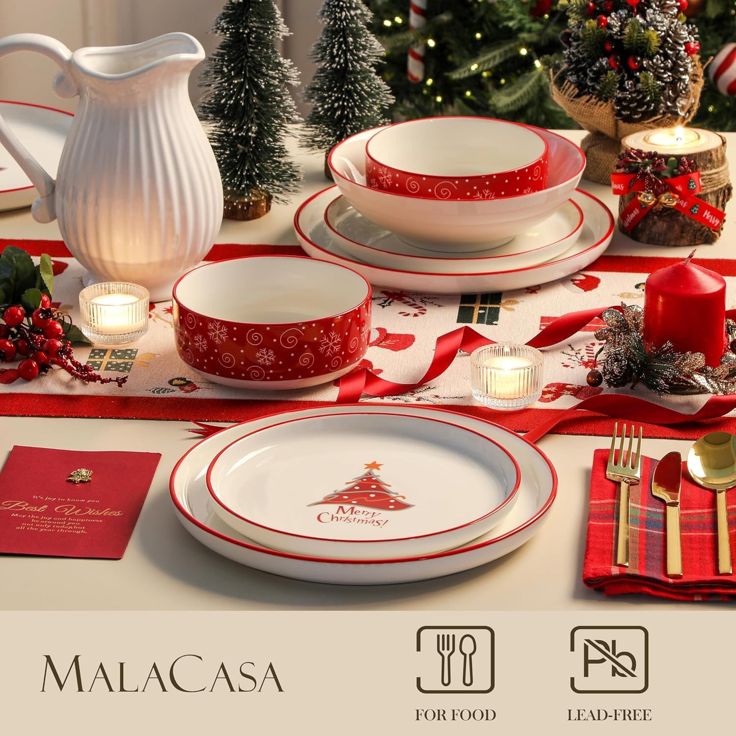 MALACASA Plates and Bowls Sets, 24 Pieces Christmas Porcelain Dinnerware Set for 8, Ceramic Dishware Dishes Kitchen Dining Ware Set, Microwave and Dishwasher Safe, Series LUNA-Christmas Tree