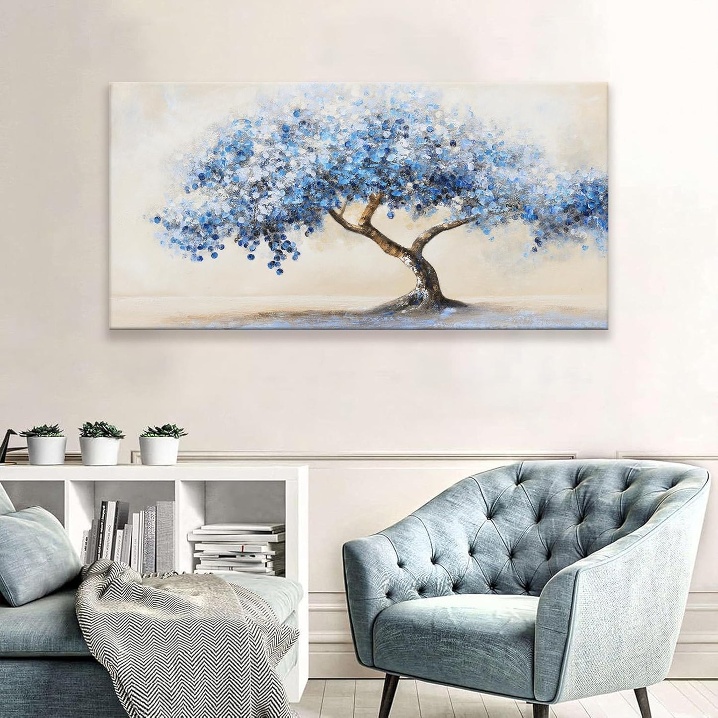 Wall Art For Living Room White Blue Tree Canvas Art Wall Decor For Home Artwork Painting 24" X 48" Canvas Print For Bedroom Decor Modern Salon Kitchen Office Hang A Picture