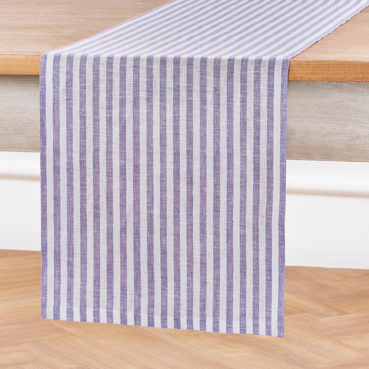Solino Home Striped Linen Table Runner 90 Inches Long - Amalfi Stripe 100% Pure Linen Violet and White Dining Table Runner 14 x 90 Inch