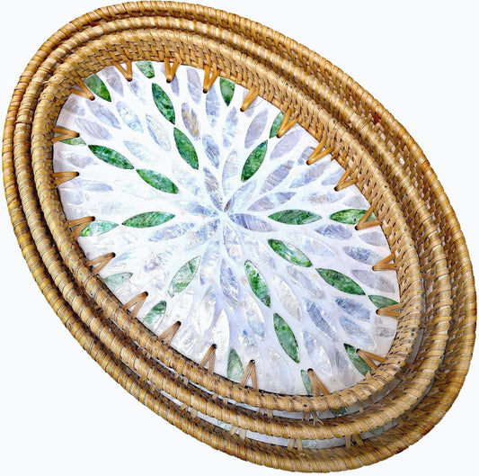 i-lan Set of 3 Oval Rattan Serving Trays with Mother of Pearl Inlay, 13" 12" 11" Woven Platters for Home Decor, Coffee Table, Vanity & Display