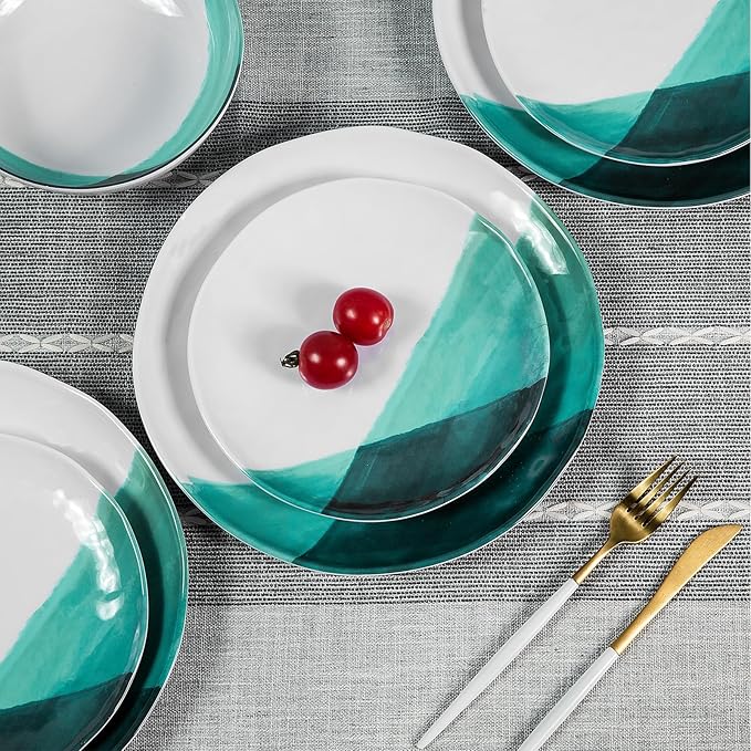 Melamine Plates and Bowls Set - 12pcs Dinnerware Dishes Set for 4, Dinner Plates for Indoor and Outdoor Use, Lightweight Break-resistant, Green & White
