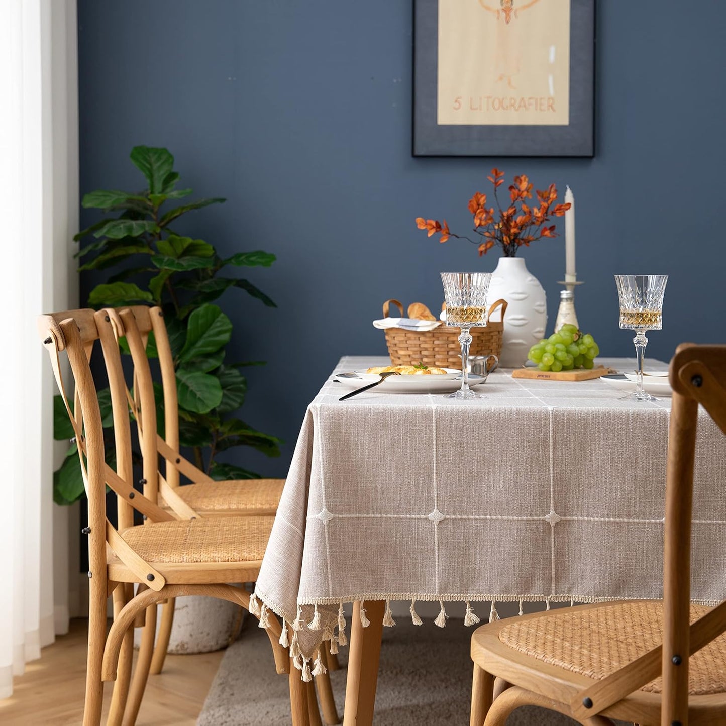 Oubonun Cotton Linen Rectangular Tablecloth - Wrinkle Resistant & Waterproof - Machine Washable Table Cloth with Tassels for Kitchen & Dining, 55''x102'', 8-10 Seats