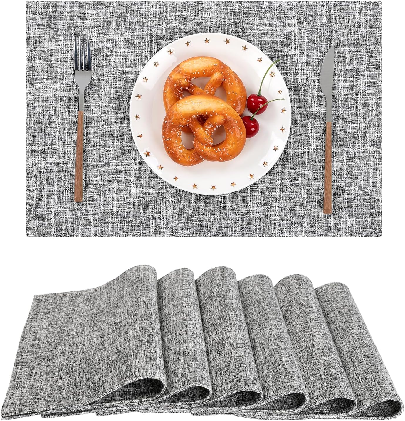 SHACOS Fabric Placemats Set of 6 Washable Heat Resistant Place Mats Non Slip Thick Cloth Placemats Reversible Table Mats Indoor Outdoor Home Wedding Table Decor, Light Grey White