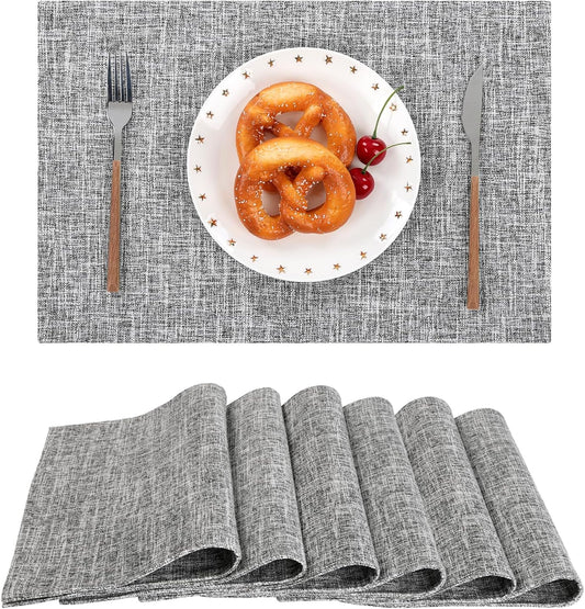 SHACOS Fabric Placemats Set of 6 Washable Heat Resistant Place Mats Non Slip Thick Cloth Placemats Reversible Table Mats Indoor Outdoor Home Wedding Table Decor, Light Grey White
