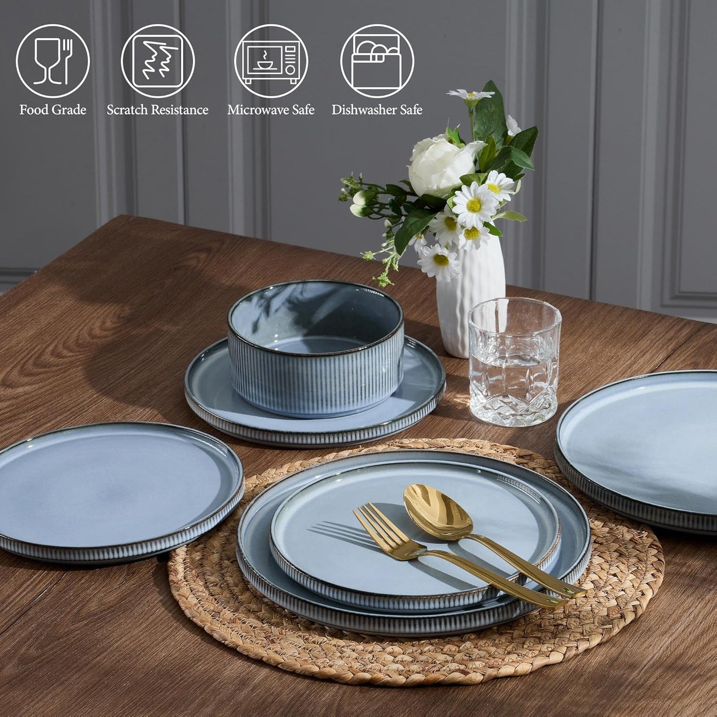 E-far Stoneware Dinnerware Sets, 18-Pieces Modern Plates and Bowls Sets, Kitchen Dinning Porcelain Dishes Set for 6, Chip & Scratch Resistant, Dishwasher & Microwave Safe, Dusty Blue