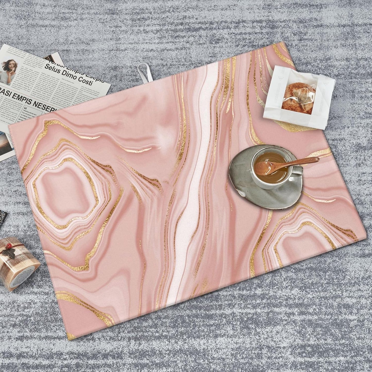 Pink Golden Dish Drying Mat for Kitchen Counter Absorbent Reversible Rose Pink Modern Drying Pad Dark Kitchen Decor Marble Dish Drainer Rack Mats 18"x24"