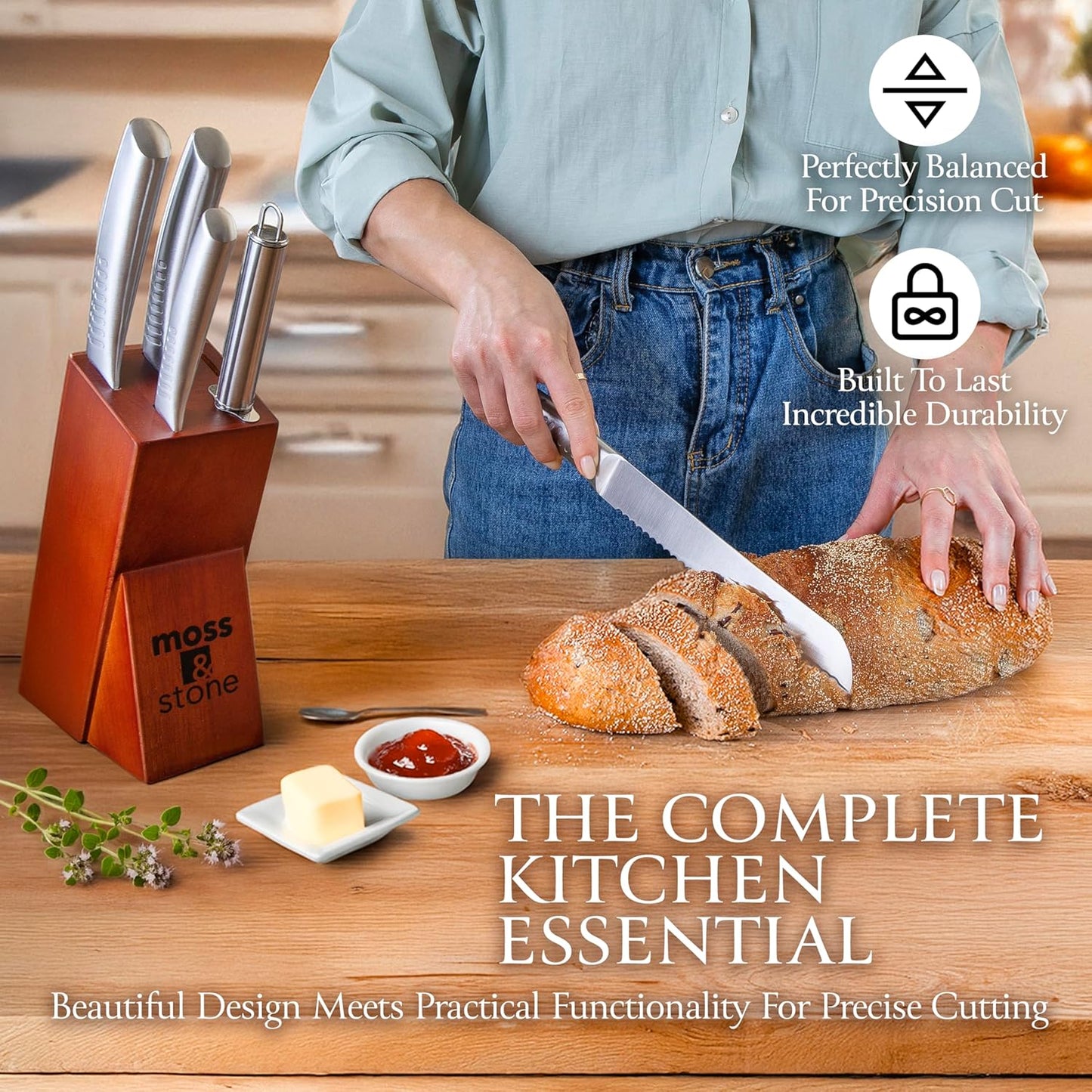 Moss & Stone Professional Kitchen Knife Chef Set, 6 Pcs Small Knife Set With Block, Premium Kitchen Knife Set Stainless Steel, Scratch Resistant & Rust Proof, Knife Block With Sharp Cooking Knives.