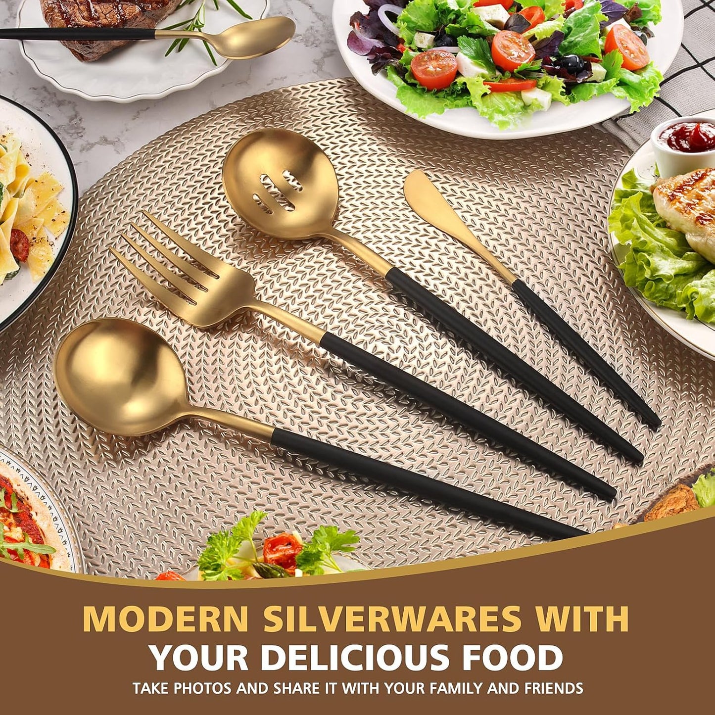 5-Piece Matte Black Gold Stainless Steel Large Hostess Set With Round Edge Satin Finish Dishwasher Safe - Large Serving Set Including Fork, Knife, Sugar Spoon And Slotted Spoon