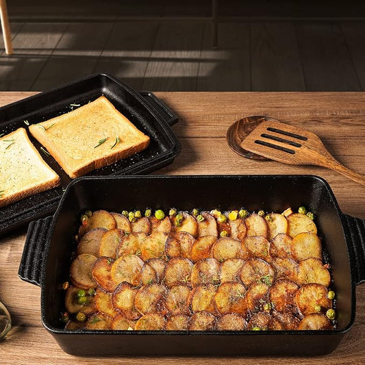 2-In-1 Pre Seasoned Cast Iron Dutch Oven With Skillet Lid,Casserole Dish,Rectangular Baking Pan,Griddle Pot Set, 6QT, 9"x13"