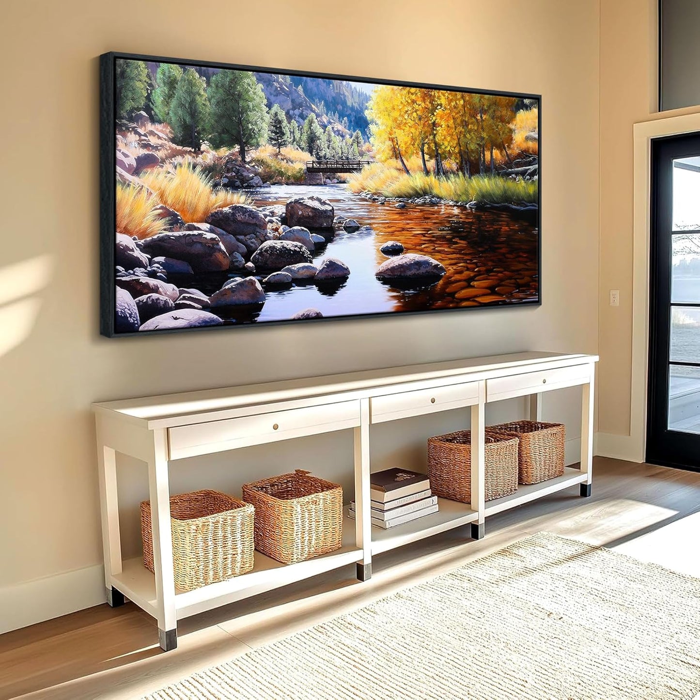 CHATYOUNG Large Wall Art Bedroom, Yellow Green Fall Forest Landscape Canvas Paintings Lake Tree River Rustic Autumn Pictures Artwork for Living Room Kitchen Office Home Framed Wall Decor 29"X58"